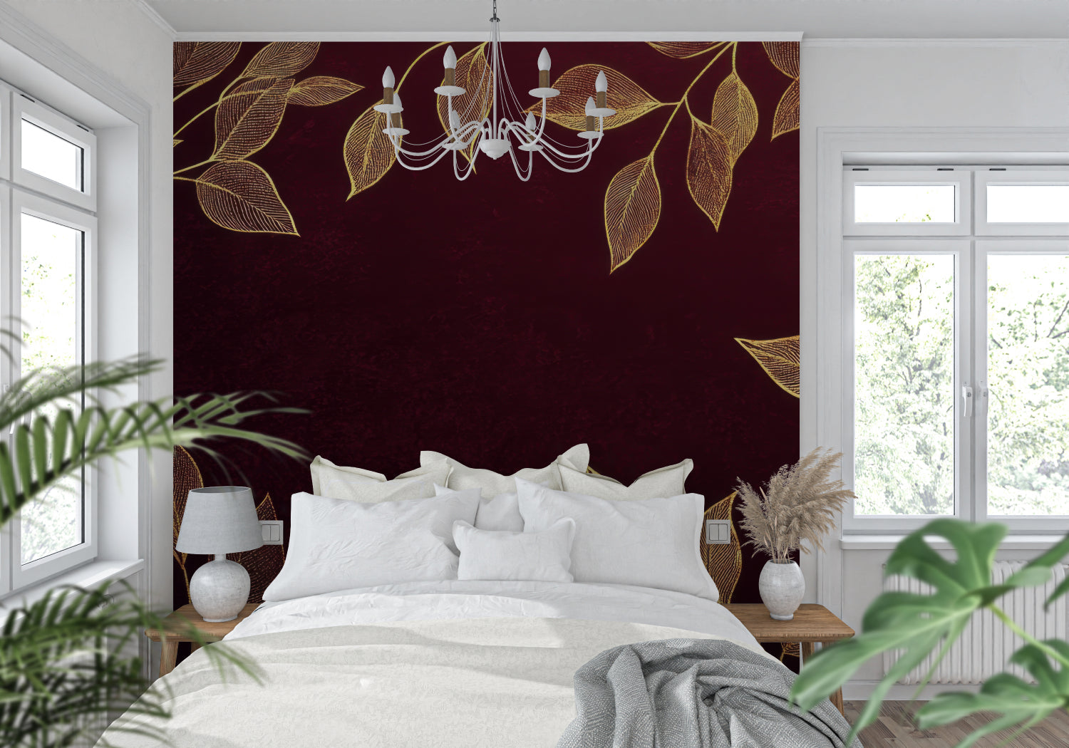 Hallway decorated with deep red and gold botanical wall covering