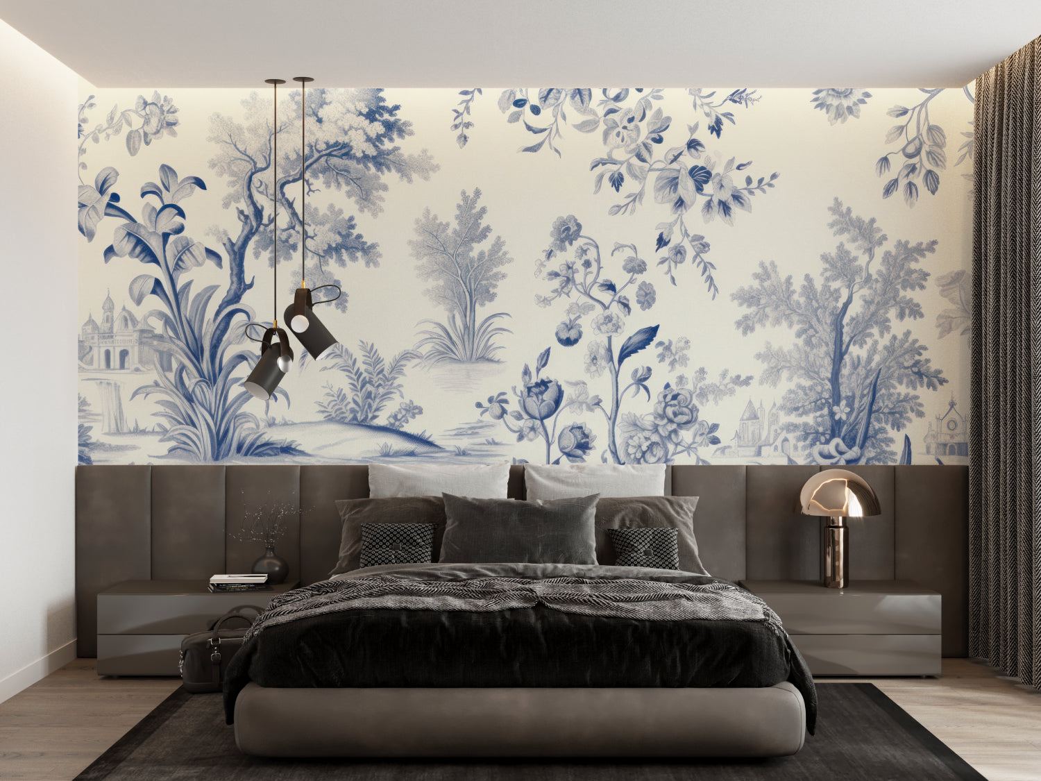 Home office with classic Toile de Jouy blue wallpaper creating a sophisticated workspace