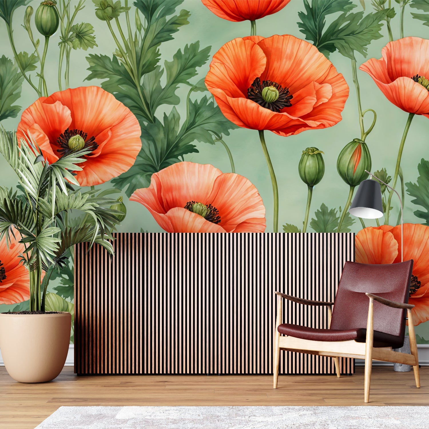 Floral accent wall with poppies brightening up a cozy bedroom space