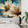 Cream Hibiscus floral wallpaper in modern living room creating a fresh, bright atmosphere