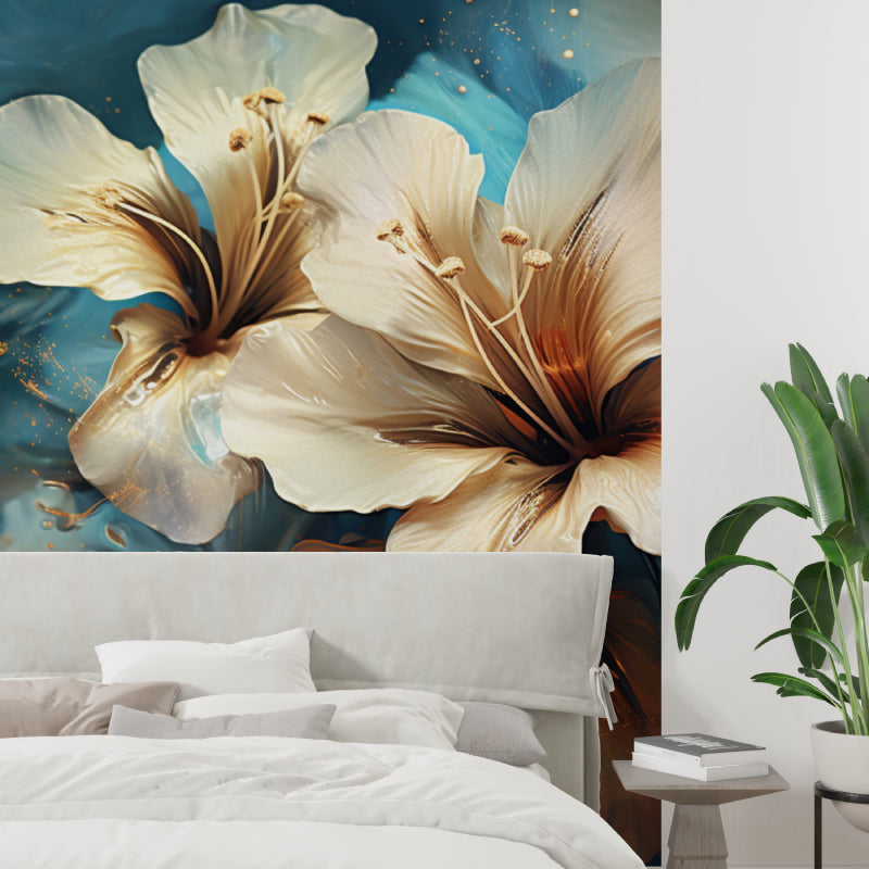 Cream Hibiscus floral wallpaper in modern living room creating a fresh, bright atmosphere