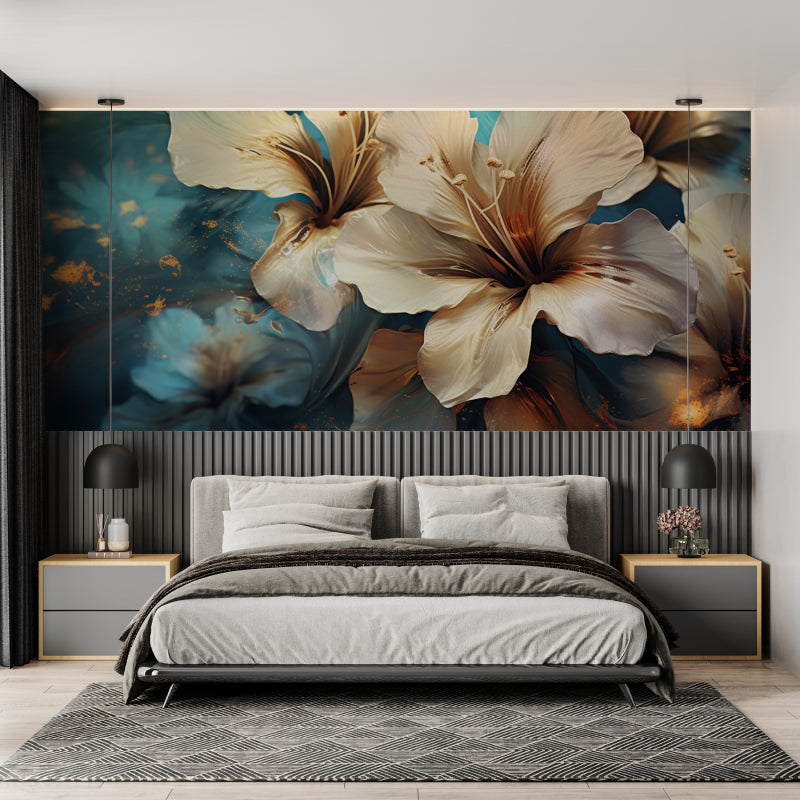 Botanical wallpaper with hibiscus flowers adding charm to dining room