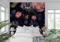 Dark floral wallpaper with pink peonies creating drama in a modern living room setting