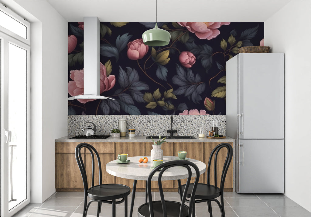 Pink peonies on dark background transforming an entryway