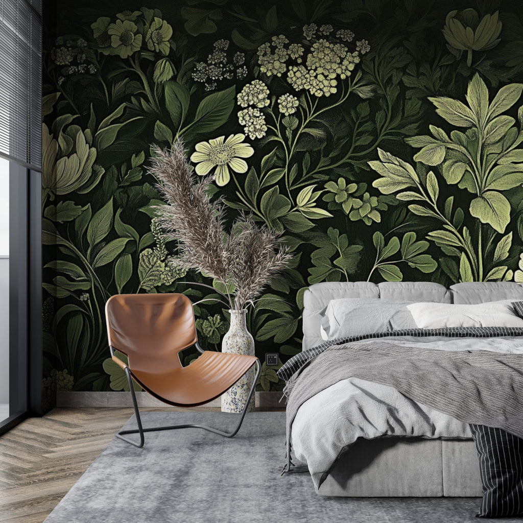 Dark Botanical Garden wallpaper in modern living room creating moody, sophisticated atmosphere