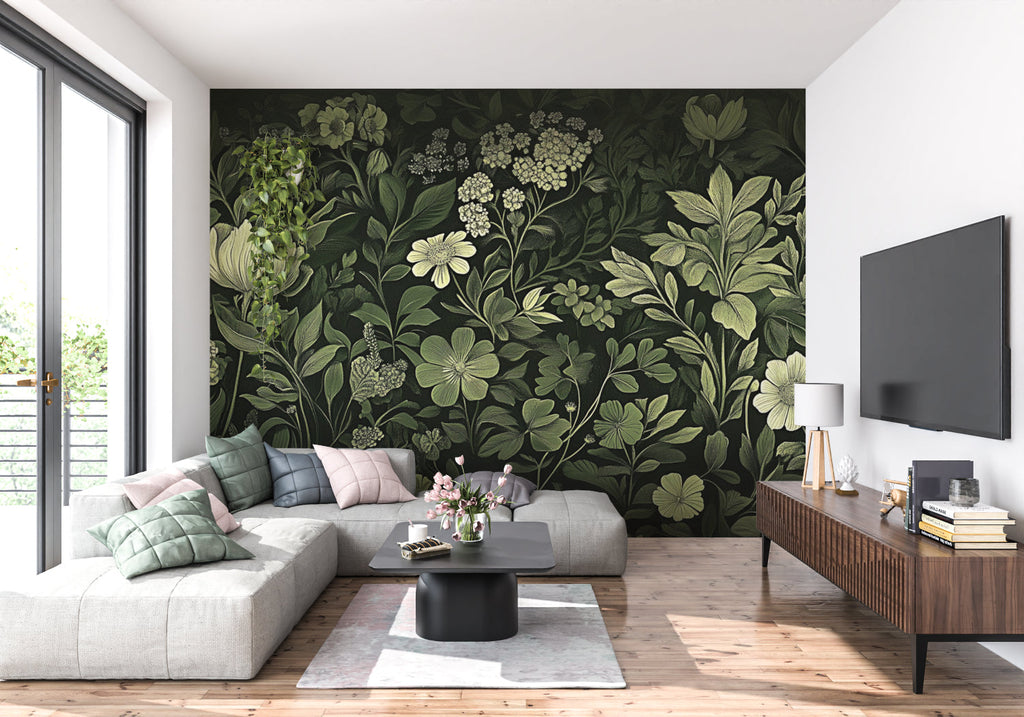 Botanical wallpaper making statement in dining room with soft lighting