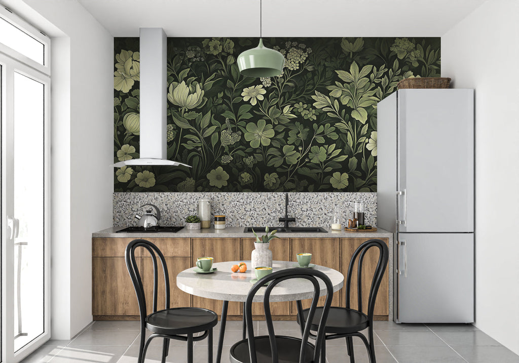 Garden wallpaper creating depth in boutique entrance hall