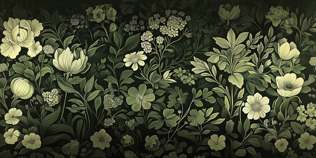 Design file showing detailed dark botanical pattern with cream blooms on emerald background