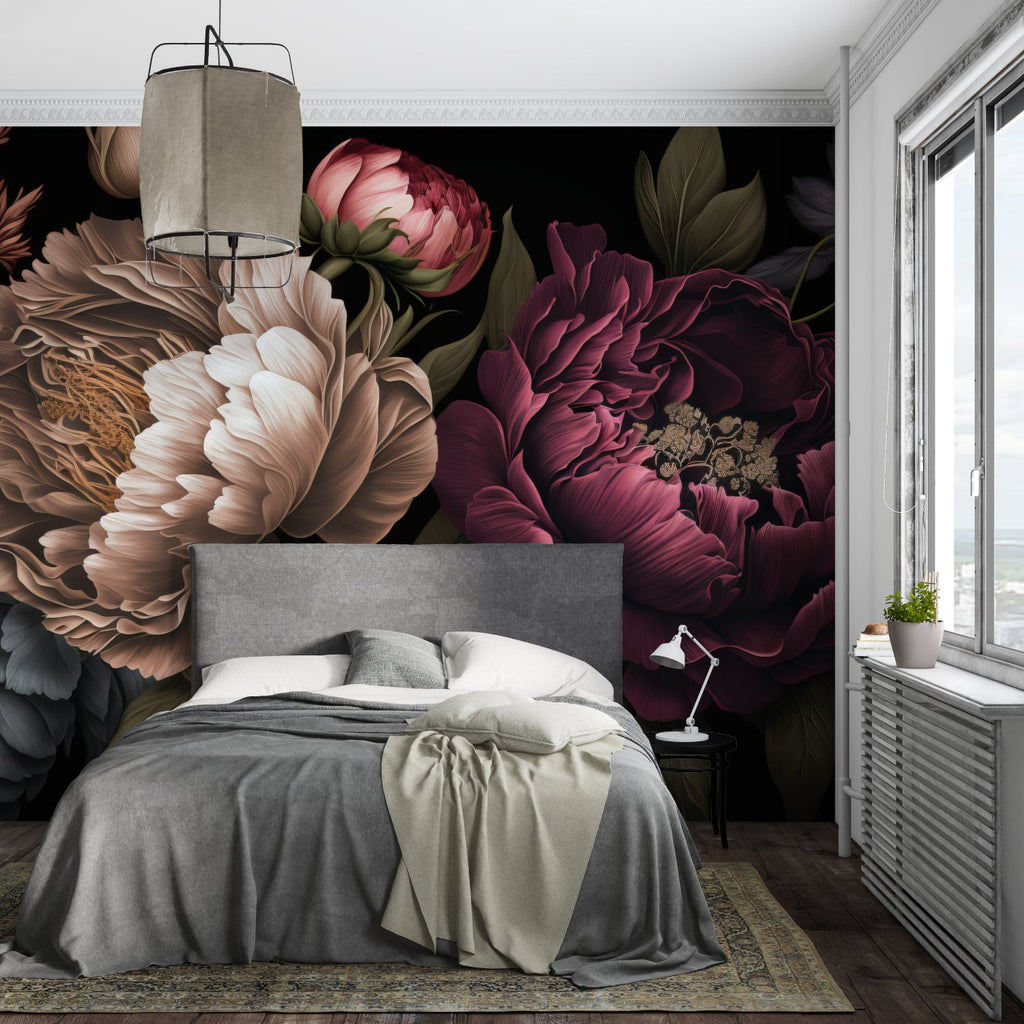 Burgundy peony mural in boutique fitting room with crystal chandelier