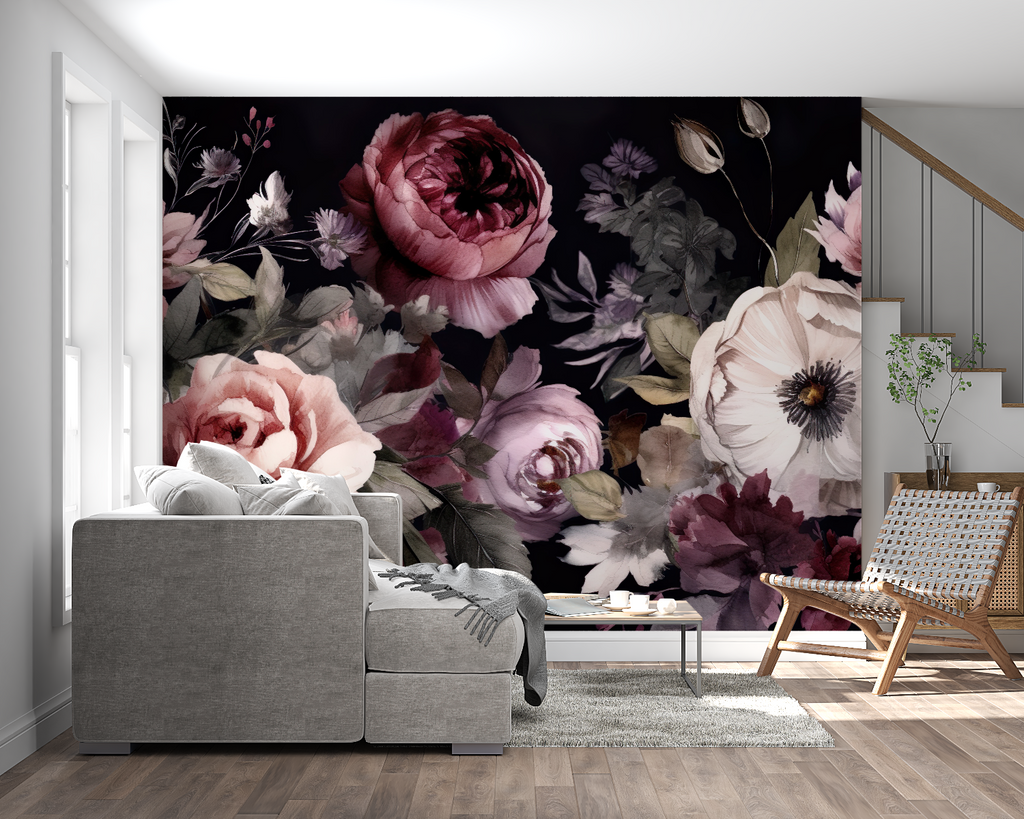 Moody floral wallpaper transforming a dining room with dark roses and golden accents