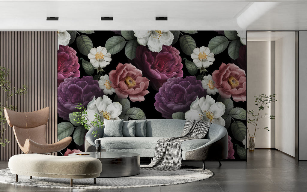 Living room showcase of dark floral wallpaper with white and purple blooms making a bold statement