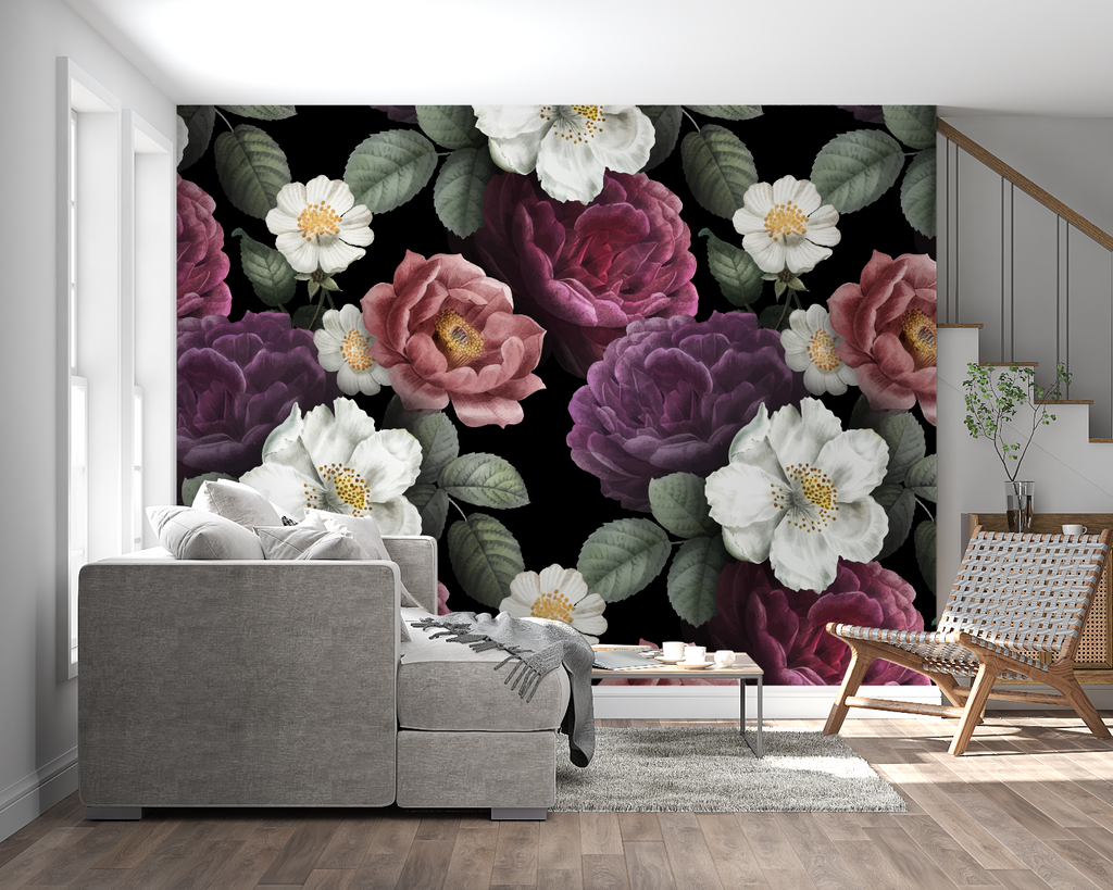 Home office with moody floral wall mural creating an inspiring workspace backdrop