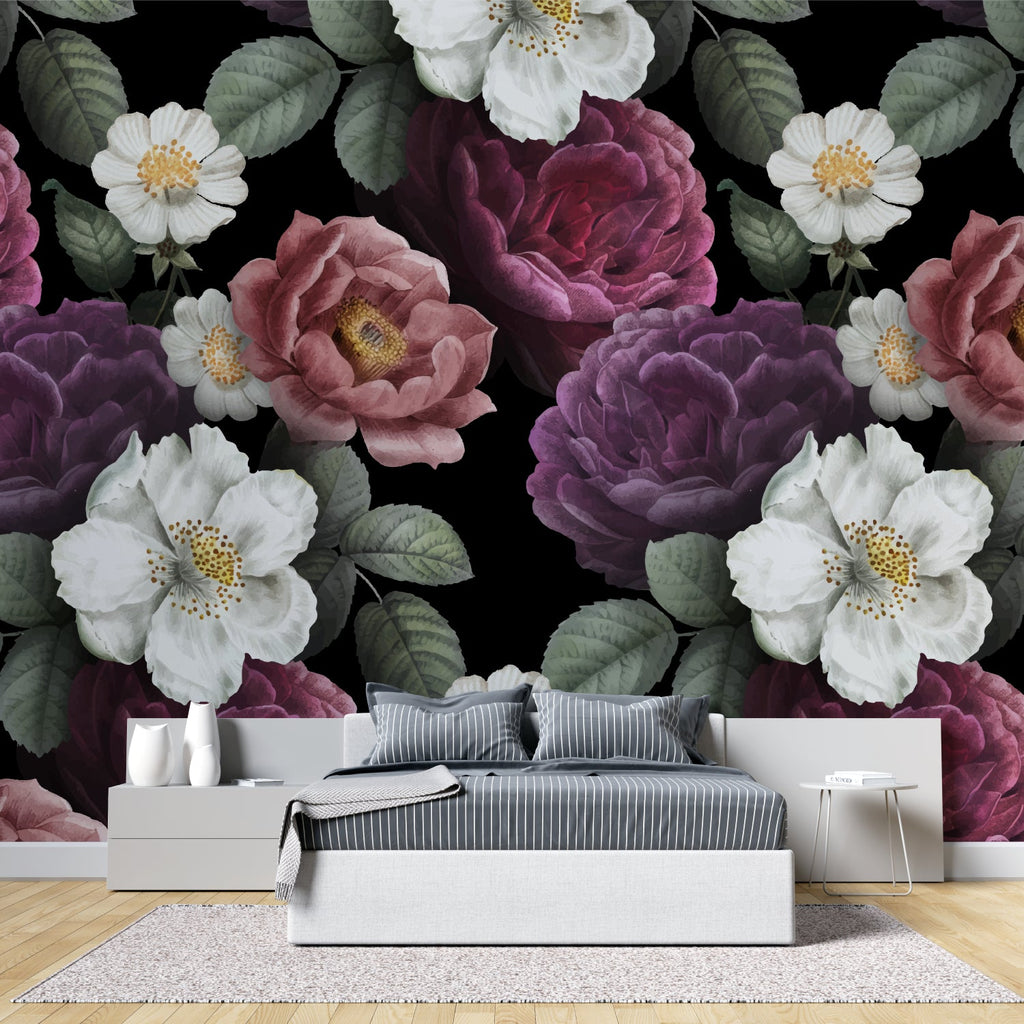 Powder room transformed with dark purple and white floral wallpaper adding luxury feel