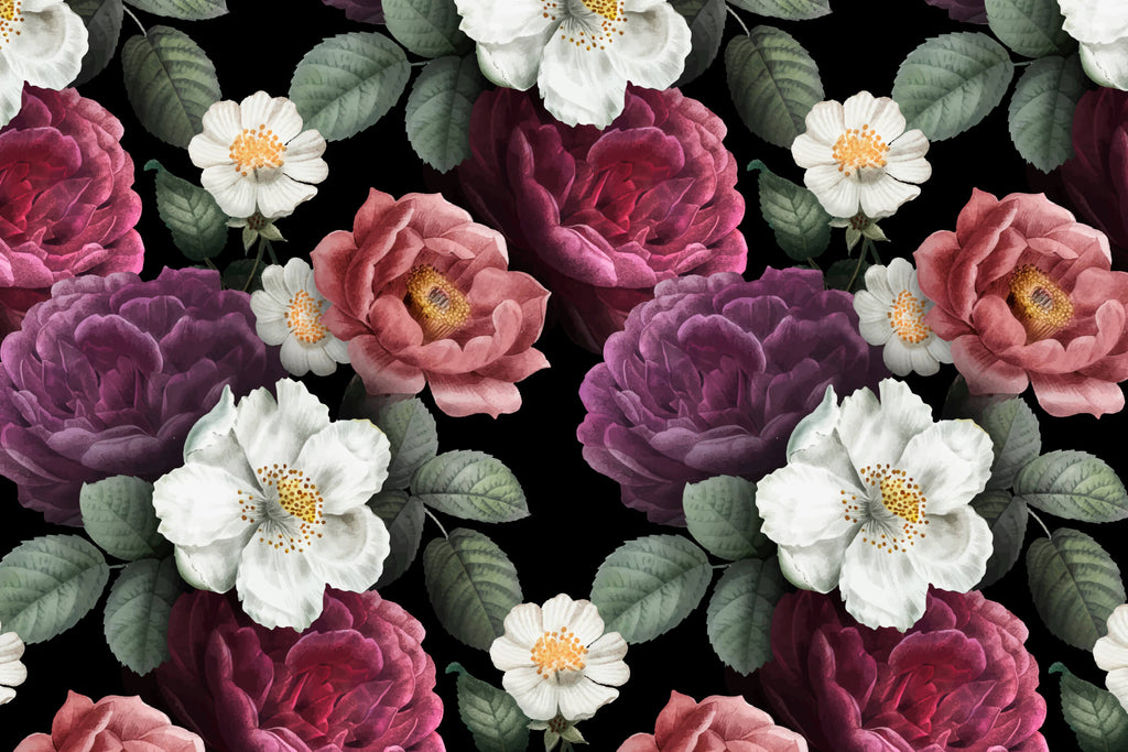 Design file showing detailed pattern of dark floral wallpaper with purple and white blooms