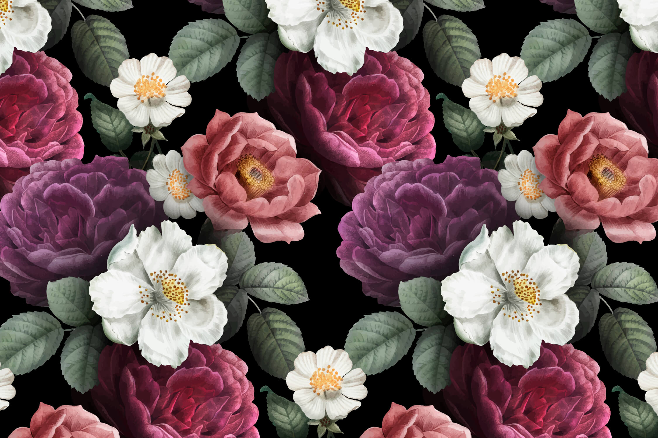 Design file showing detailed pattern of dark floral wallpaper with purple and white blooms