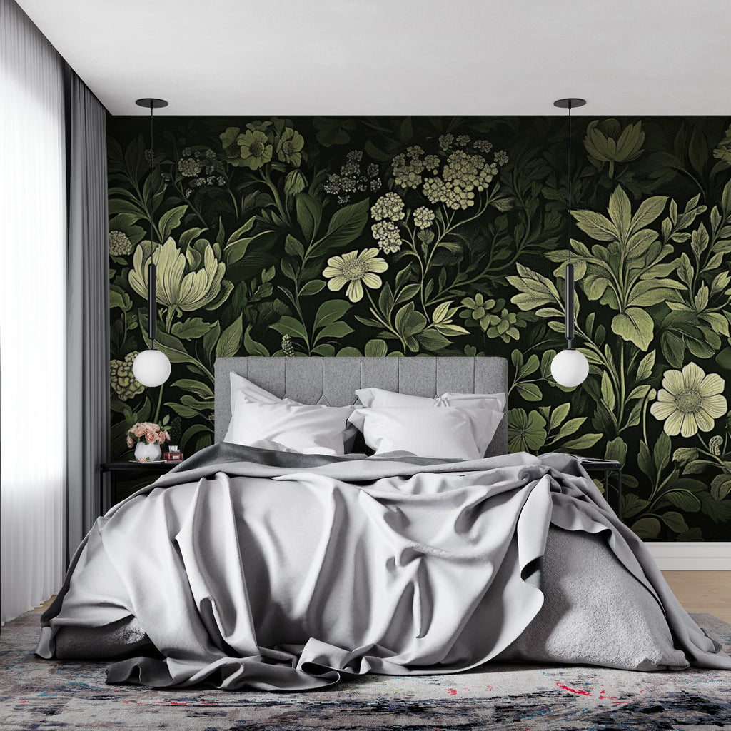 Botanical garden wall mural bringing nature into dining room with deep green tones