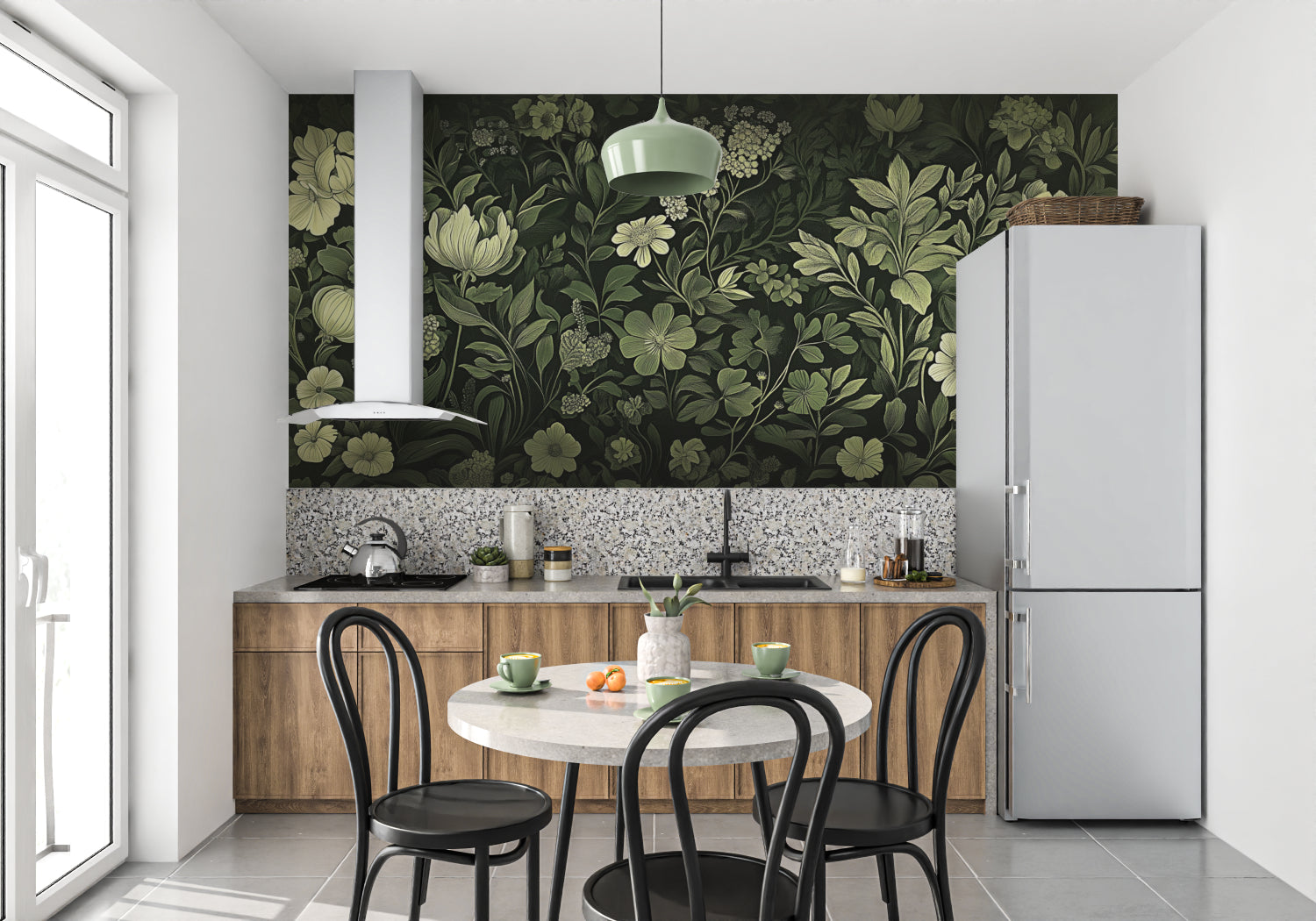 Dark botanical wallpaper adding depth to home office space