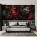 Dark red rose wallpaper in modern dining room with dramatic lighting and contemporary furniture