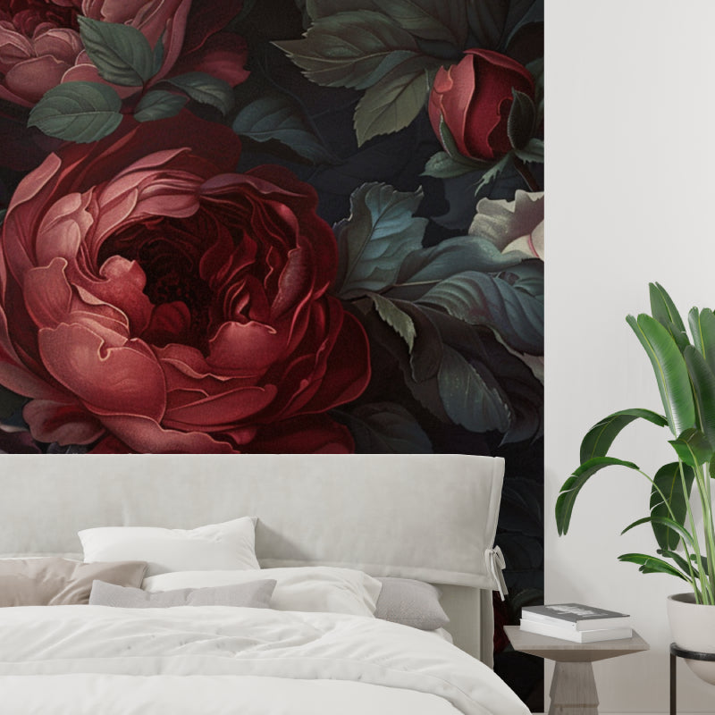 Black and red floral mural in master bedroom creating romantic atmosphere