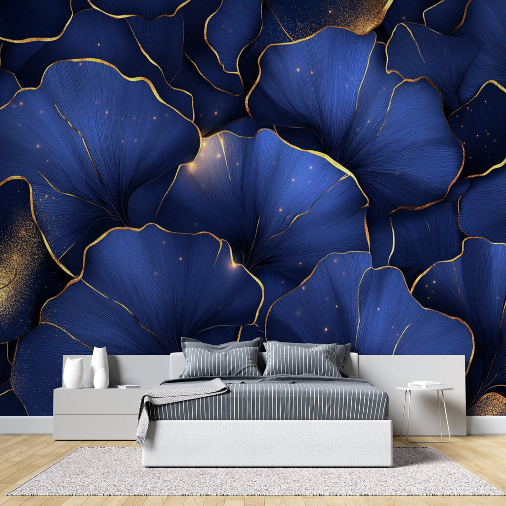 Floral wall mural showcasing deep blue and gold in entrance hallway