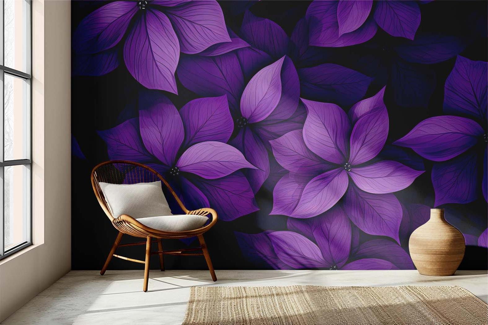 Large scale floral wallpaper transforming a hallway with deep purple blooms