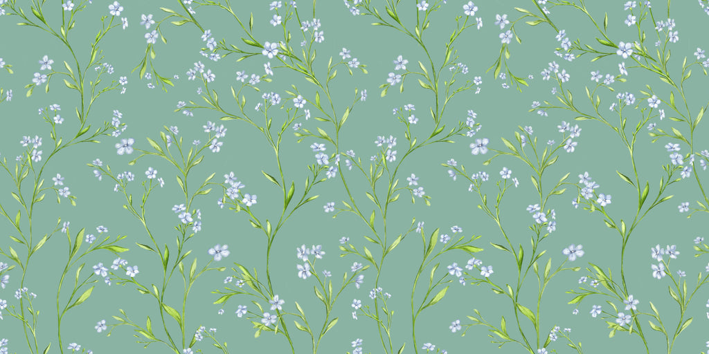 Design file showing detailed blue blossoms pattern on sage green background