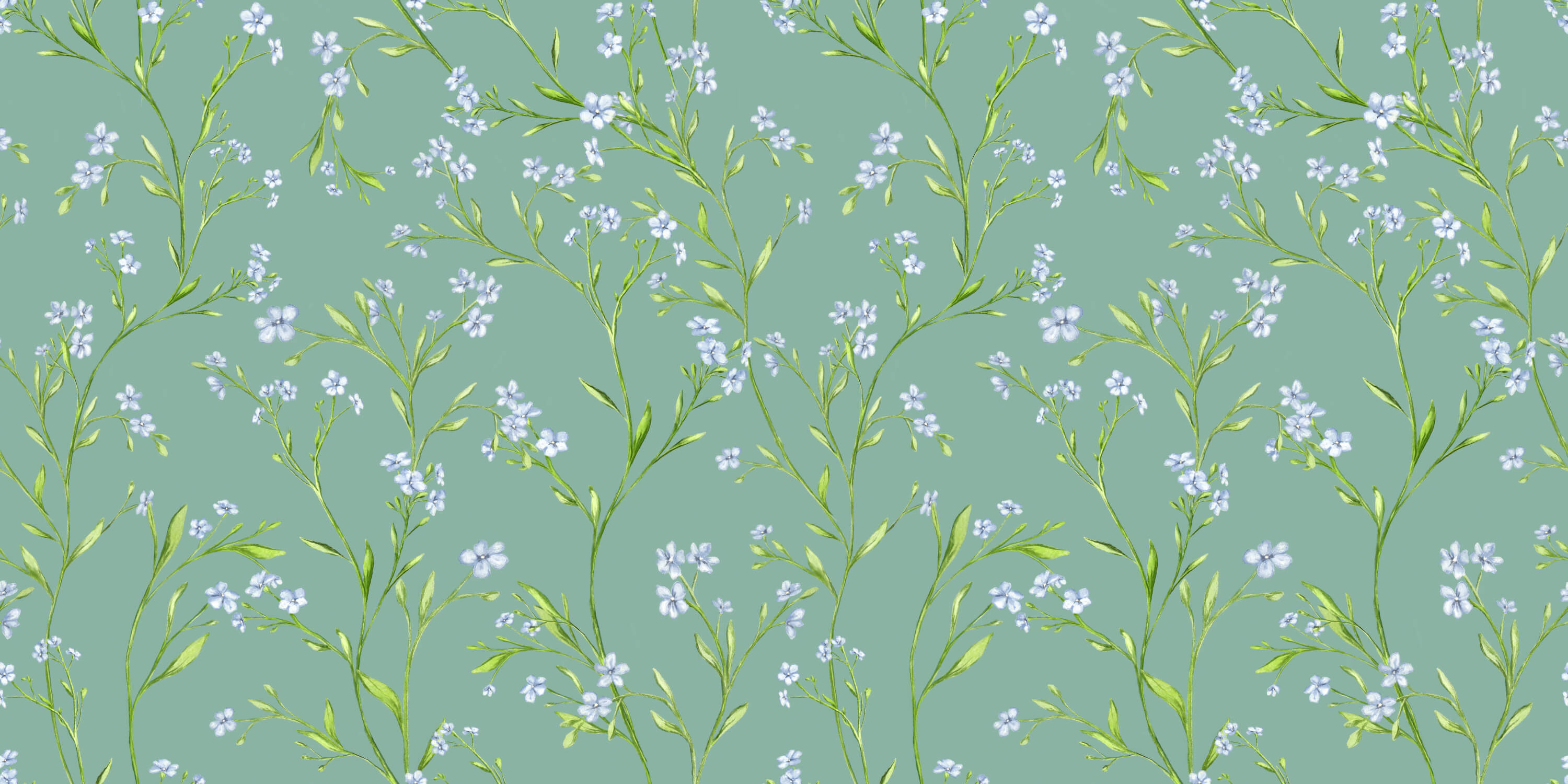 Design file showing detailed blue blossoms pattern on sage green background