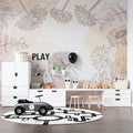 Floral line art wallpaper bringing elegance to a modern bedroom with minimal furniture and natural light