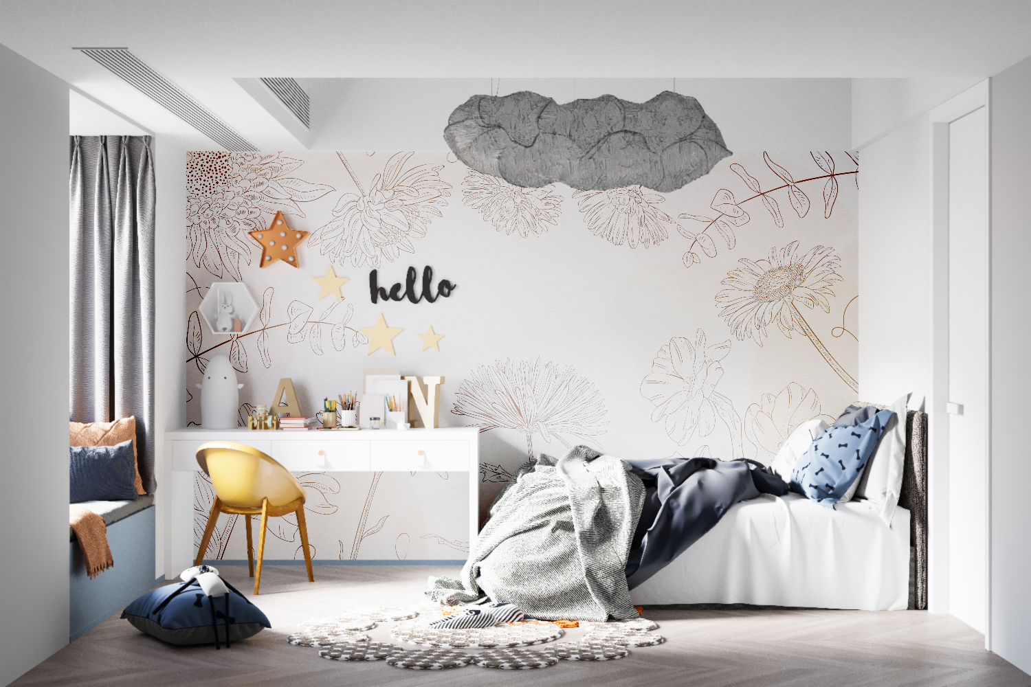 Modern floral line art wallpaper brightening a home office space