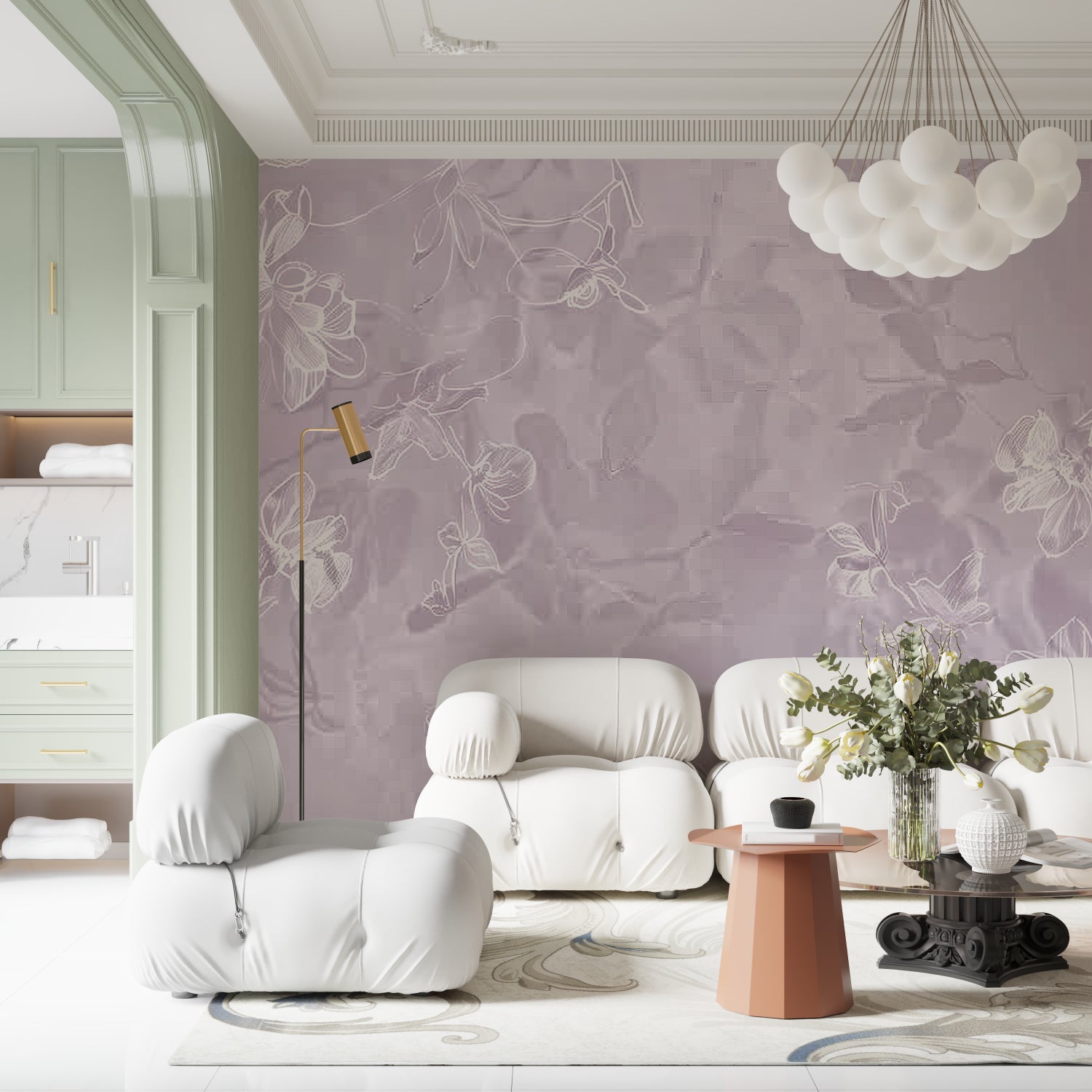 Delicate line art floral pattern adding elegance to a home office