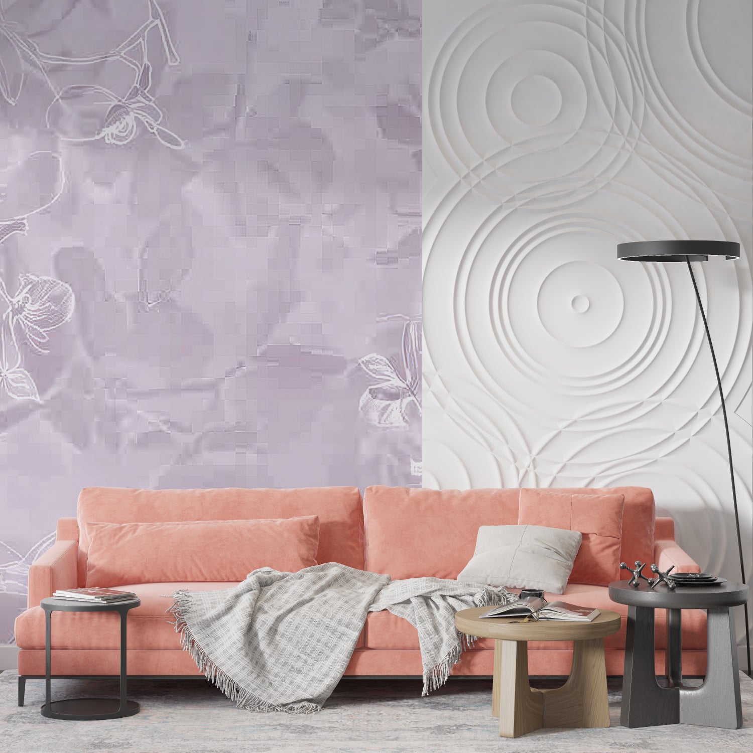 Line art floral mural creating depth in a hallway space