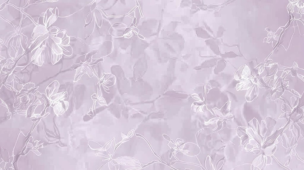 Floral line art design file showing detailed white botanical sketches on soft lilac background