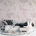 Pink floral line art wallpaper creating a serene atmosphere in a modern bedroom