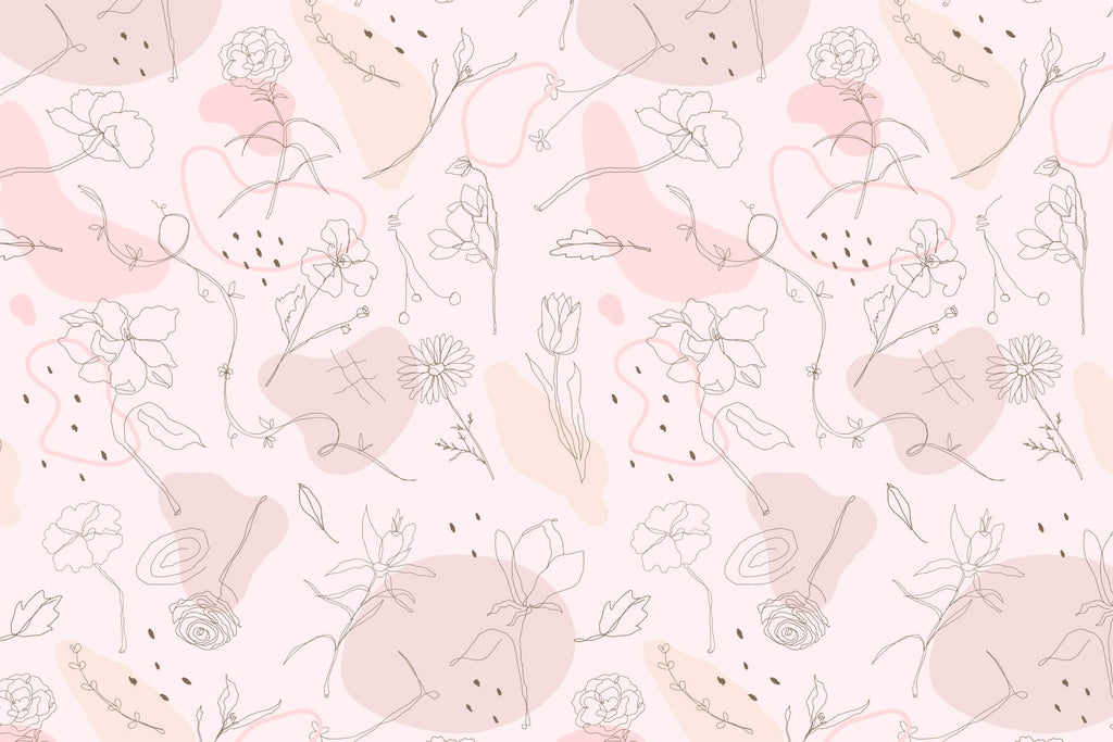 Floral line art wallpaper design file showing detailed botanical sketches on pink background