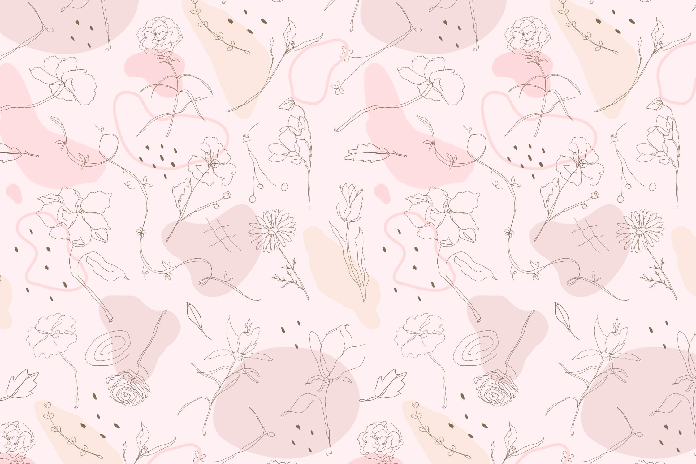 Floral line art wallpaper design file showing detailed botanical sketches on pink background