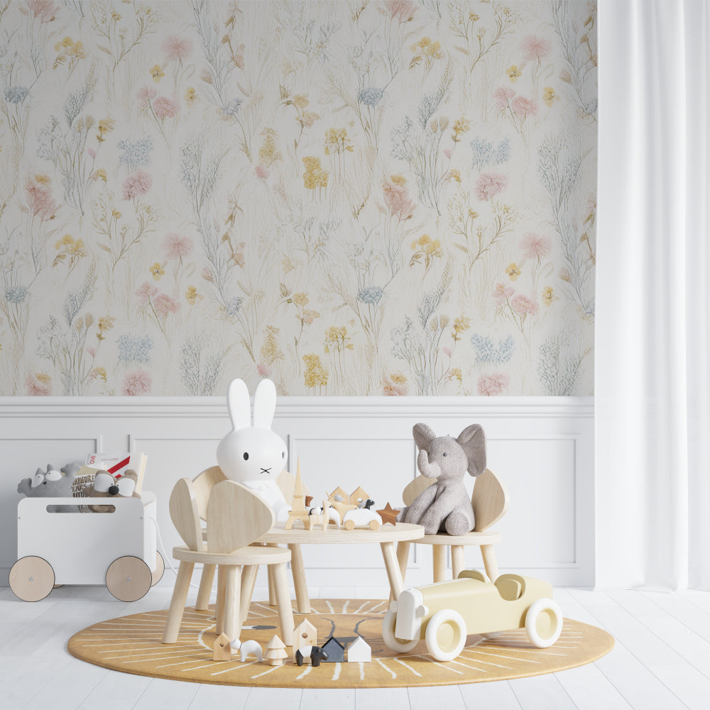 Pastel floral wallpaper adding a soft, dreamy touch to a modern bedroom setting