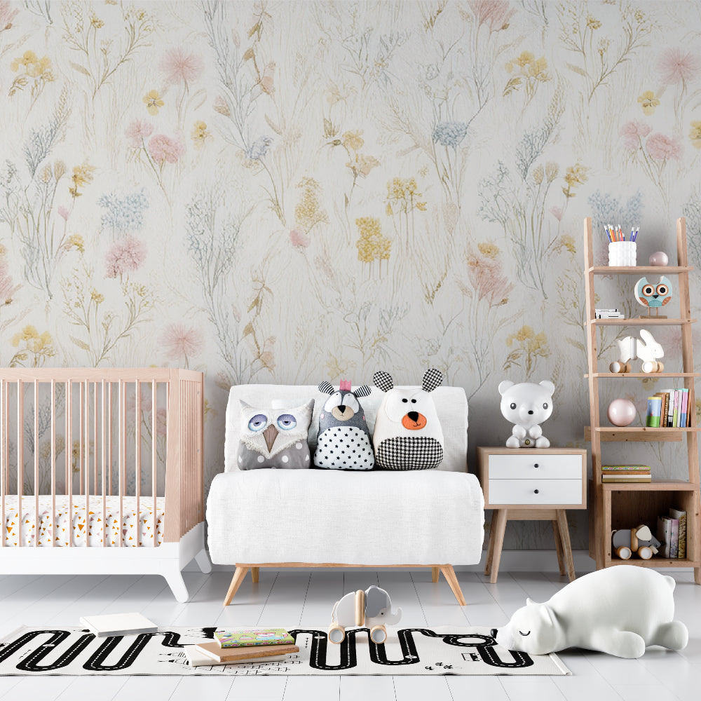 Wildflower wall mural creating a gentle backdrop in a cozy reading nook