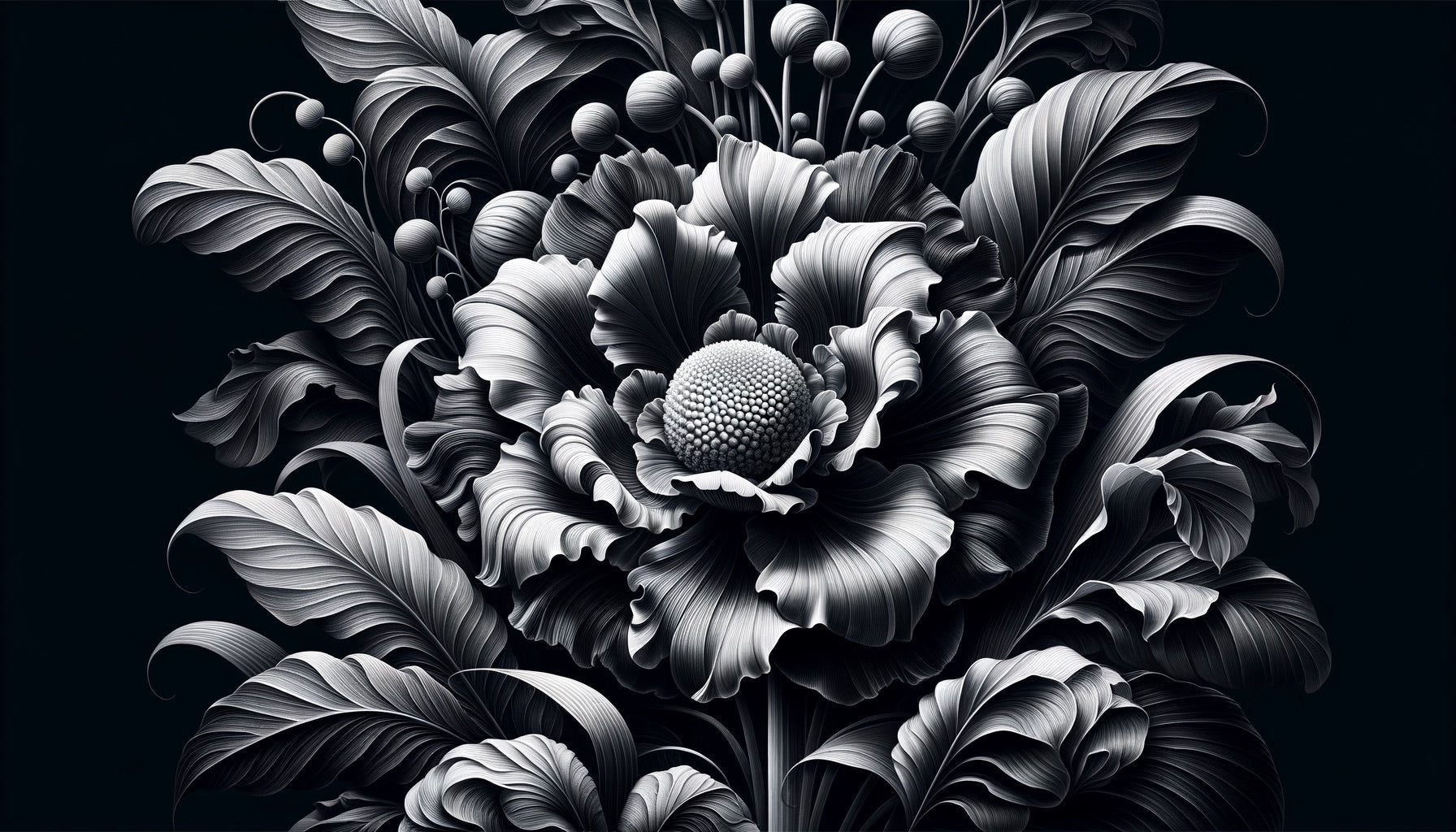 Monochrome botanical wallpaper making a statement in a luxurious master bedroom