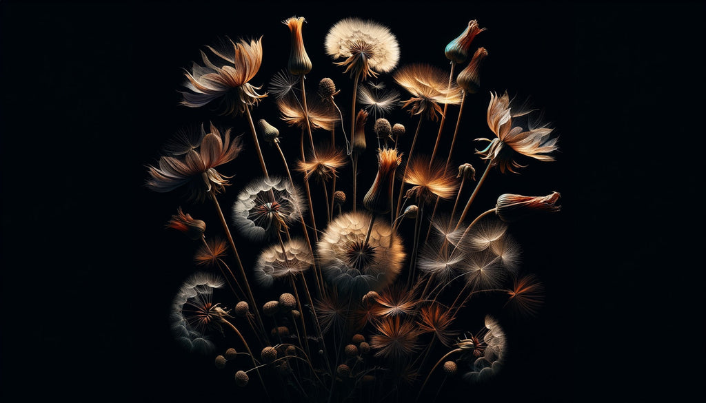 Dramatic floral mural featuring golden dandelions in elegant dining room setting