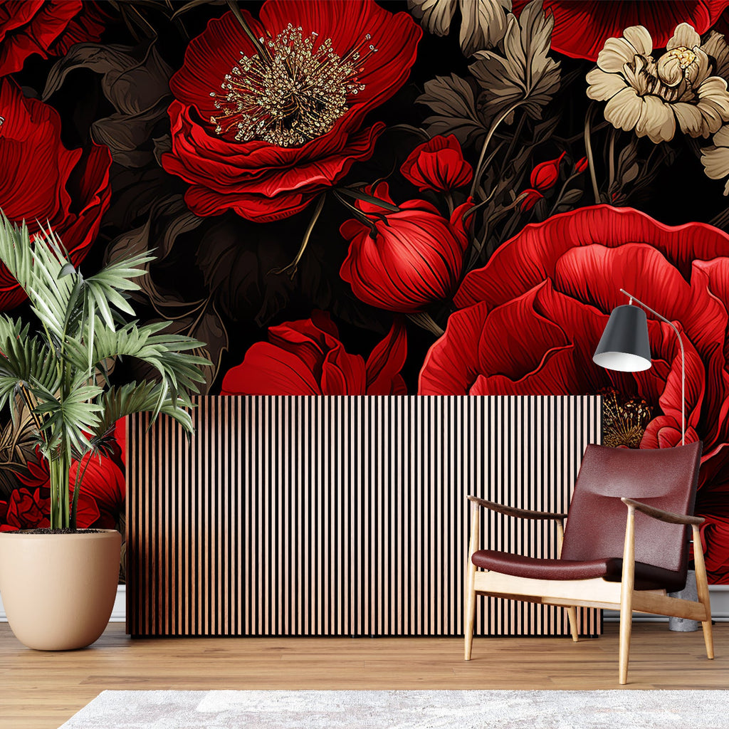 Bold floral wallpaper featuring red roses in an elegant dining room setting