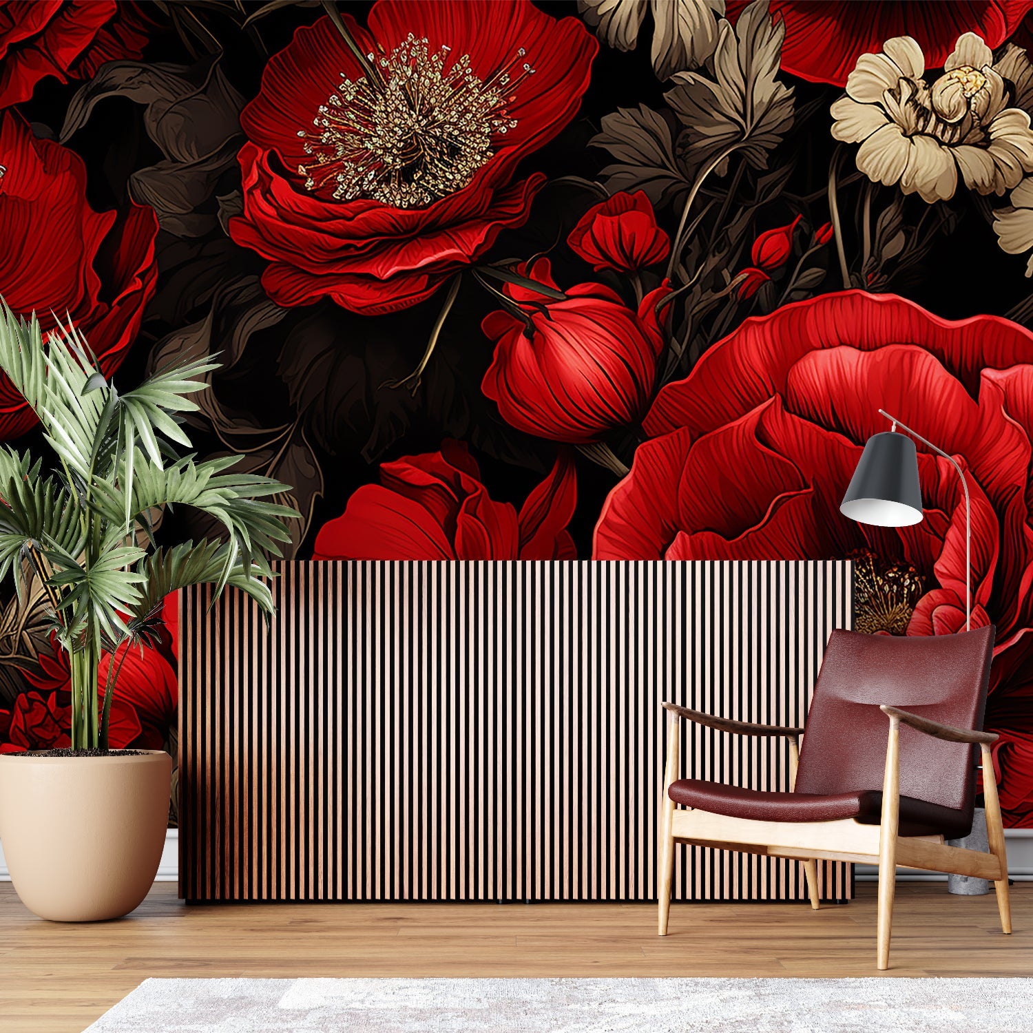 Bold floral wallpaper featuring red roses in an elegant dining room setting