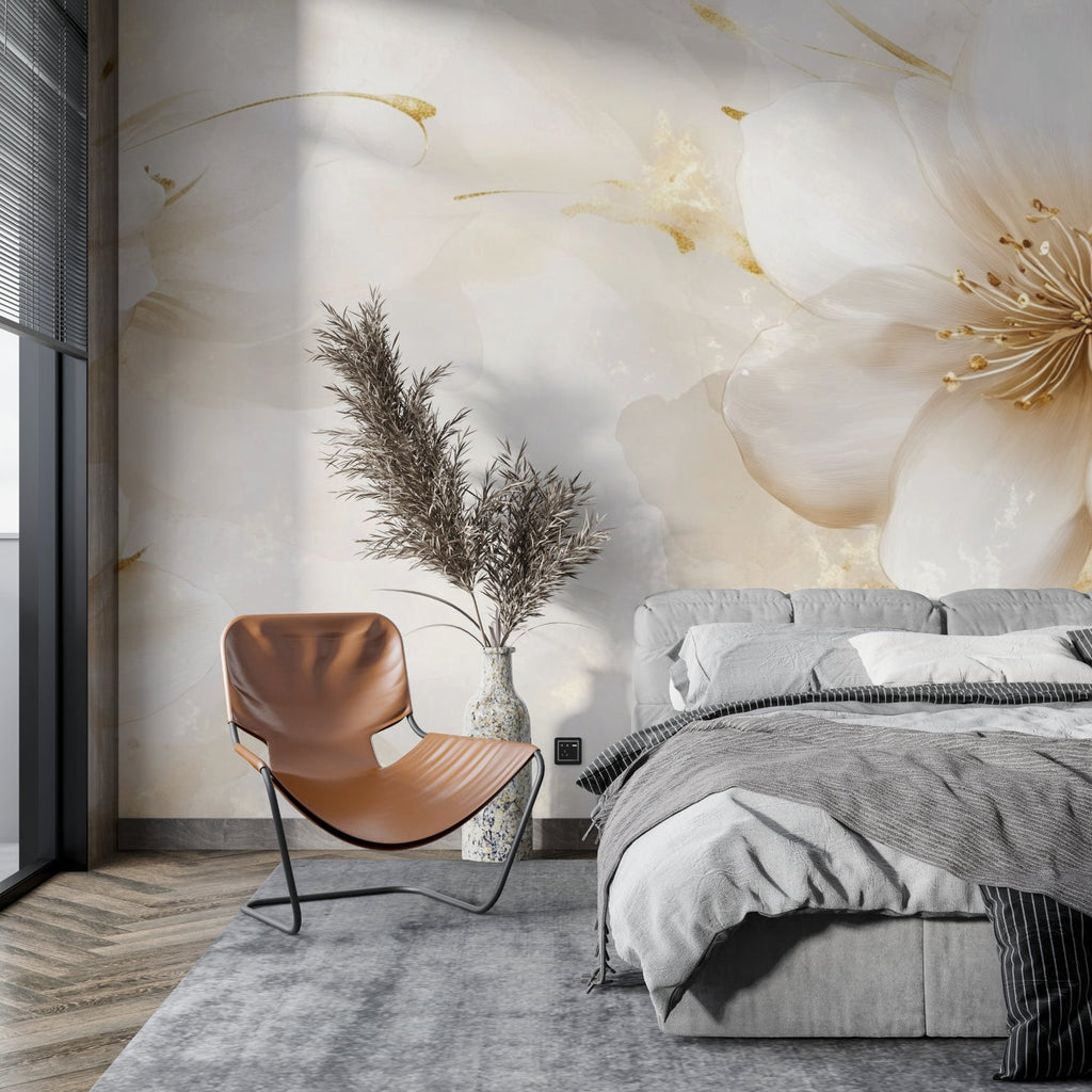 Beige and gold floral wallpaper in modern living room creating an elegant atmosphere