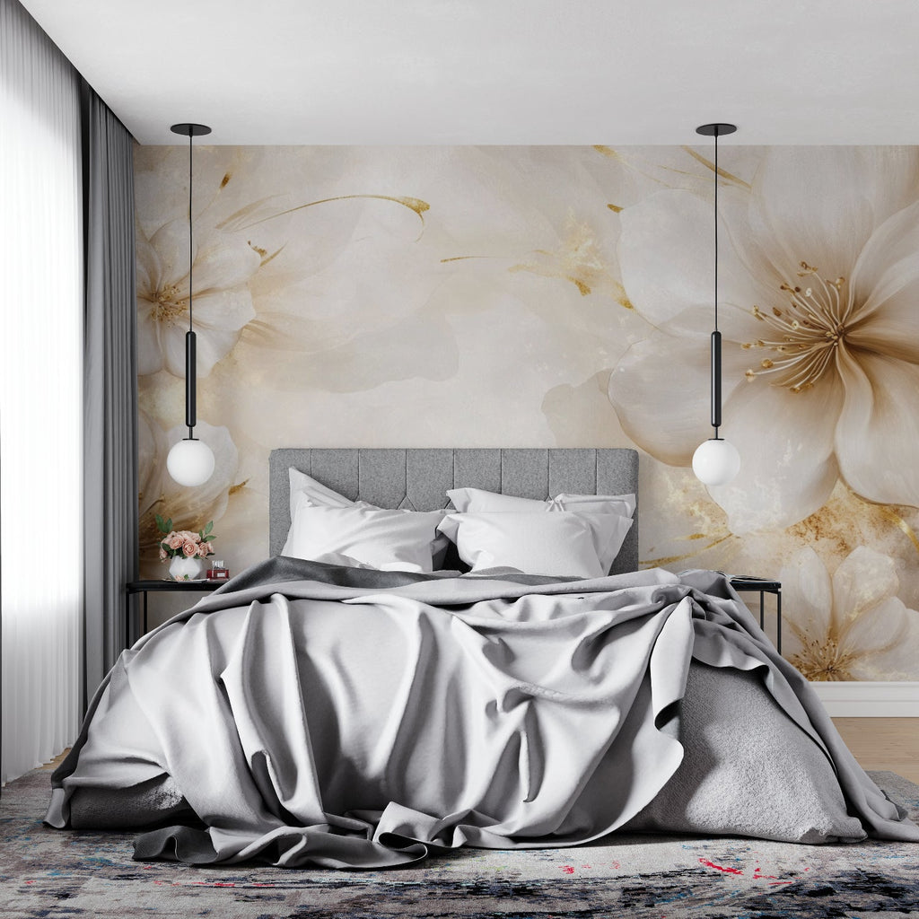 Master bedroom with soft golden bloom wallpaper showing morning light effect