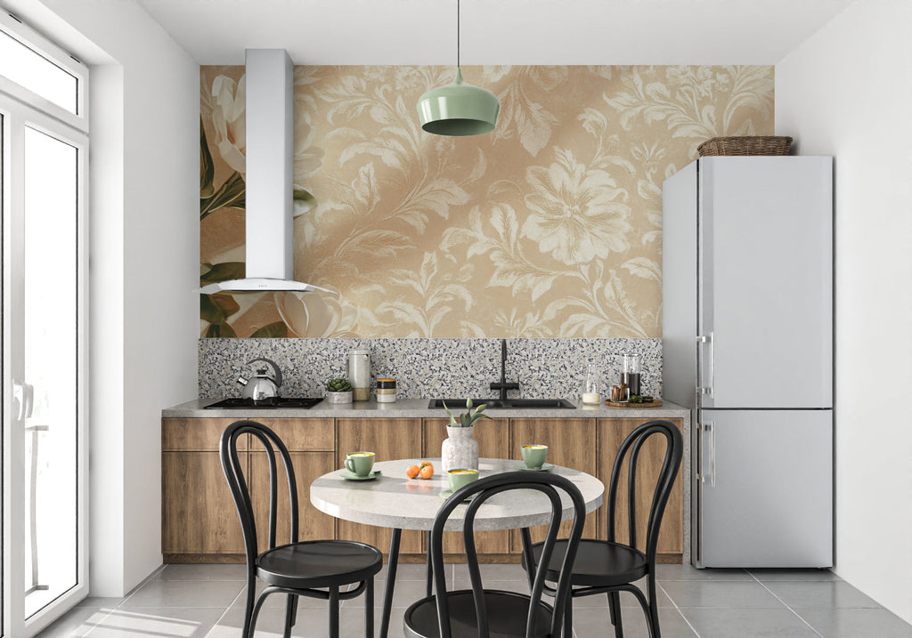 Beige floral wallpaper creating a serene atmosphere in a modern living room with natural light
