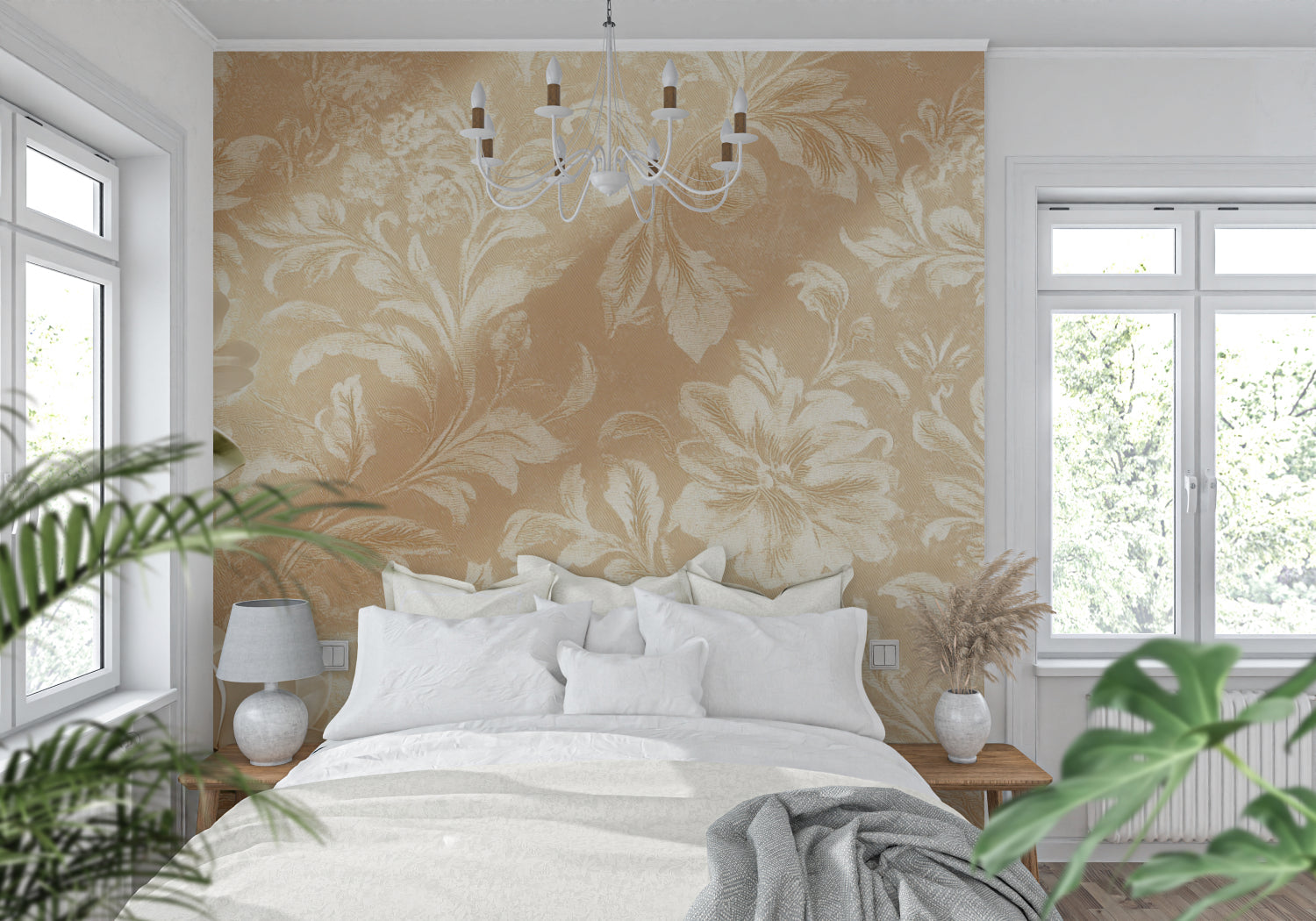 Elegant white floral mural enhancing a cozy master bedroom with soft furnishings