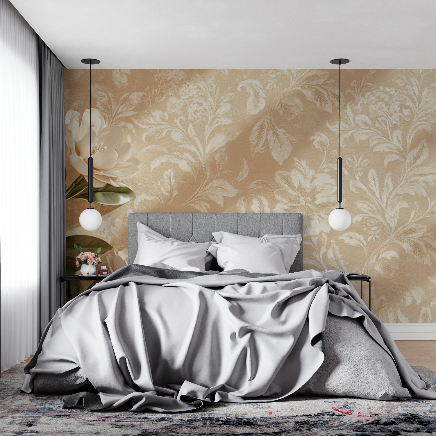Floral wallpaper adding charm to a home office with minimal furniture