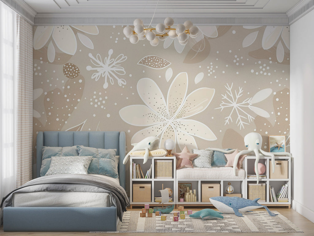 Beige floral snowflake wallpaper in modern Scandinavian living room showing gentle pattern flow