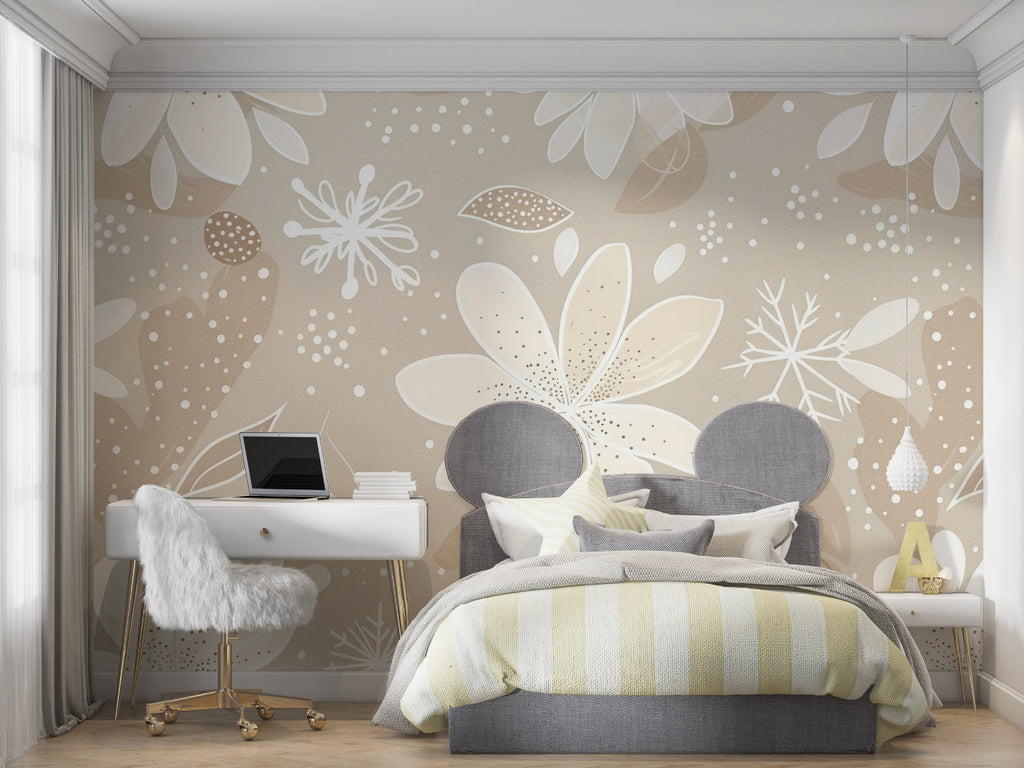 Reading nook with calming snowflake wallpaper pattern highlighting cozy corner