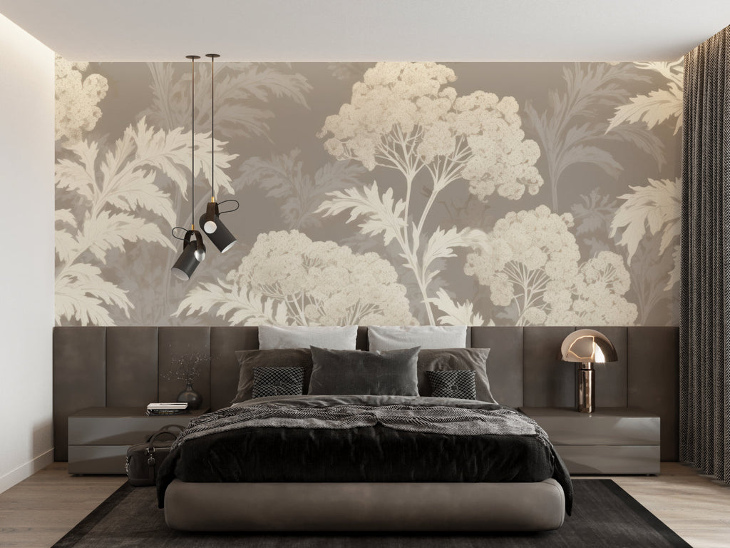 Elegant beige tree pattern mural in master bedroom with natural light