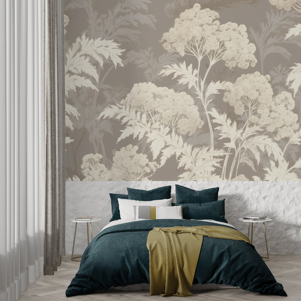 Tree pattern mural enhancing entryway with soft beige tones